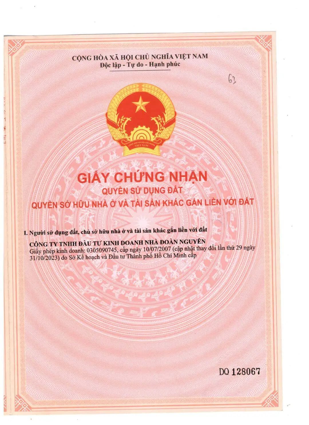 Giấy chứng nhận quyền sử dụng đất, lô B1 (Số DQ 128066)