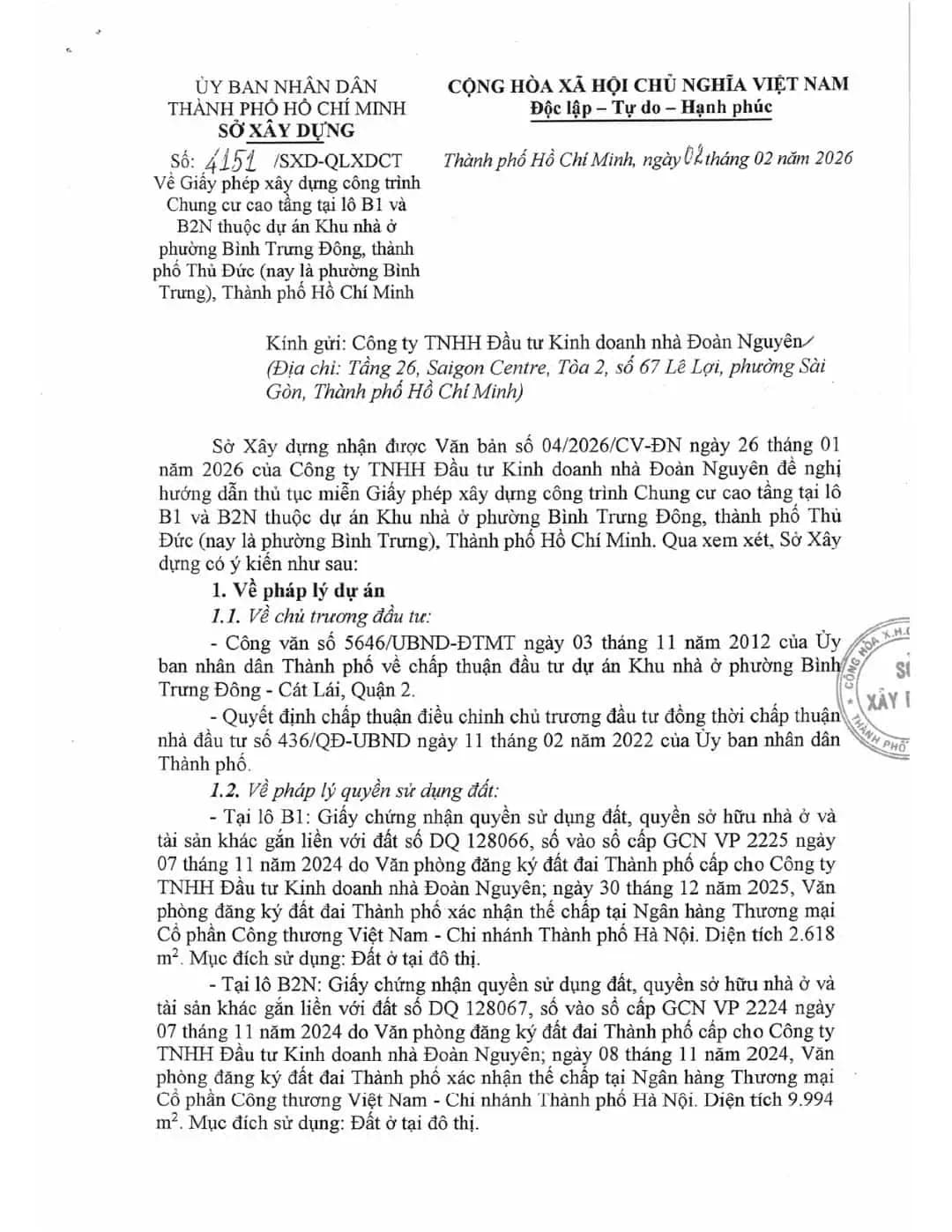 Giấy phép xây dựng cao tầng, lô B1 & B2N