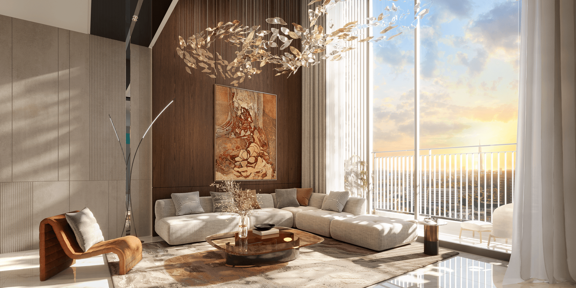 Sky Villa — thông tầng, giờ vàng hoàng hôn.