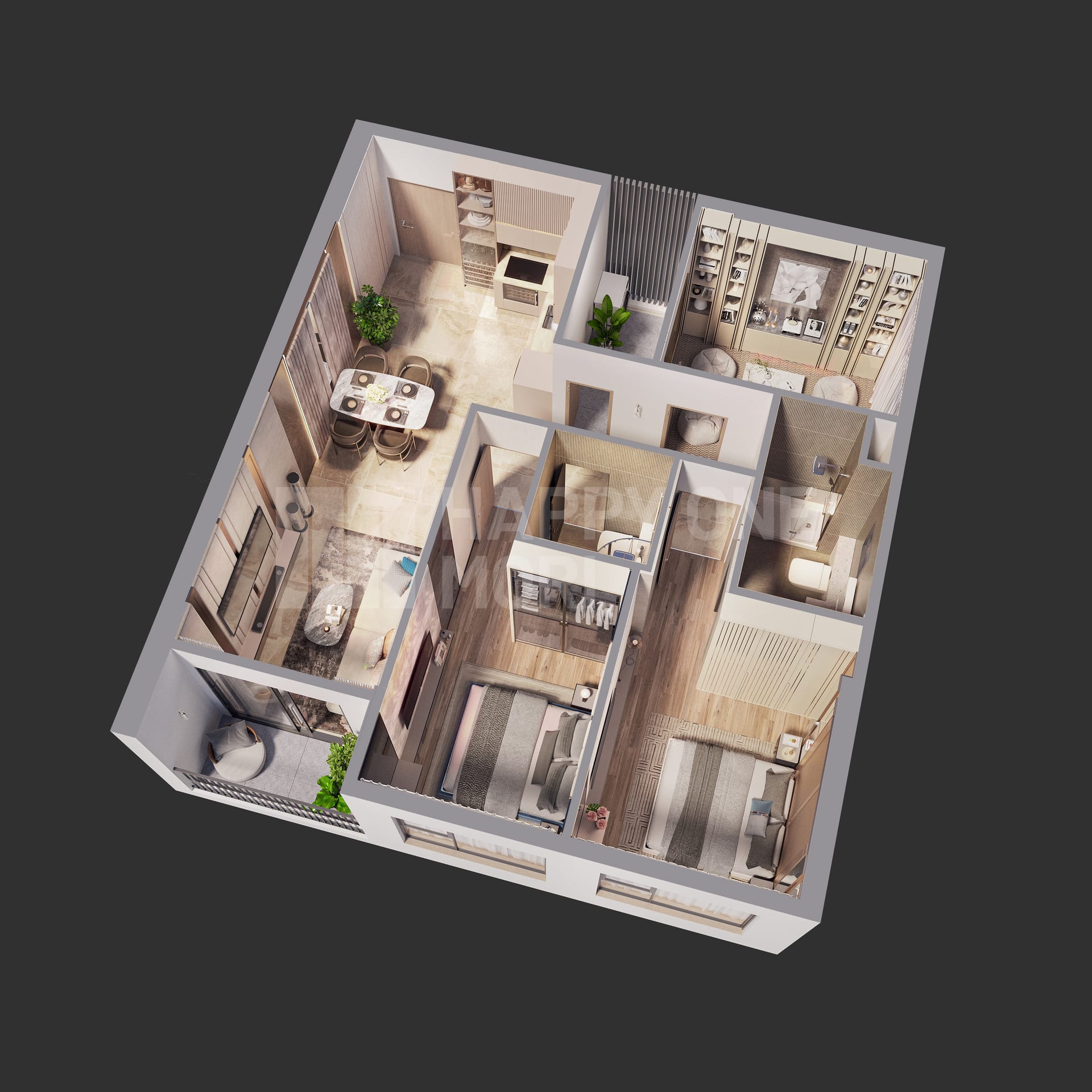 3BR top-view floor plan
