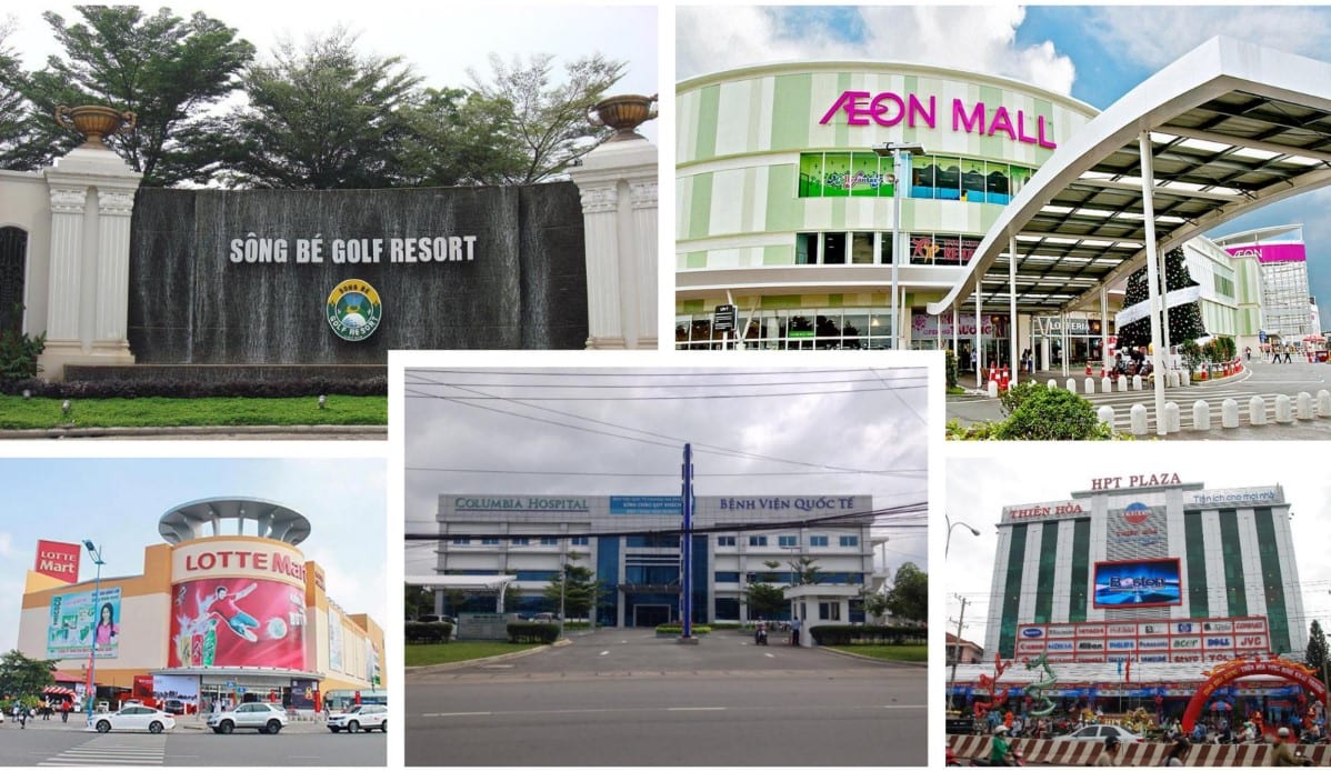 Real photos of landmarks near the project: Song Be Golf Resort · AEON Mall · Lotte Mart · Hanh Phuc International Hospital · HPT Plaza