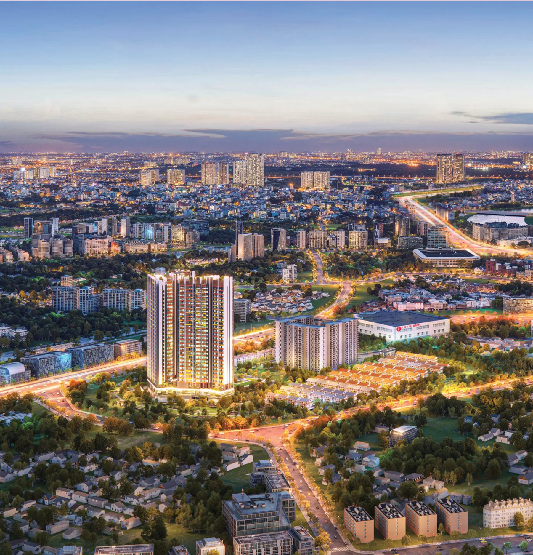 Setia Edenia at dusk above Thuan An — illustrative render